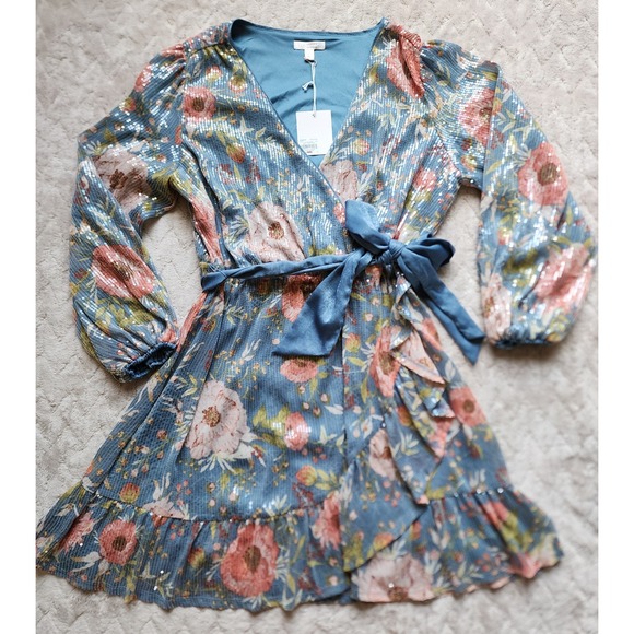 LC Lauren Conrad Dresses & Skirts - LC Lauren Conrad Floral Sequin Faux Wrap Mini Dress Blue Womens Large
